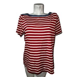 LRL Lauren Jeans Ralph Lauren Red White Striped Boat Neck Top Shoulder Zips 1X